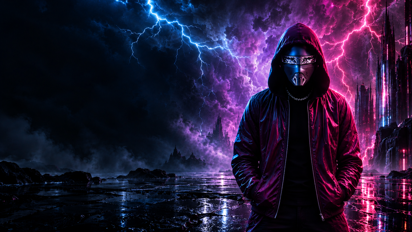 Jawdai masked character amid pink and blue lightning